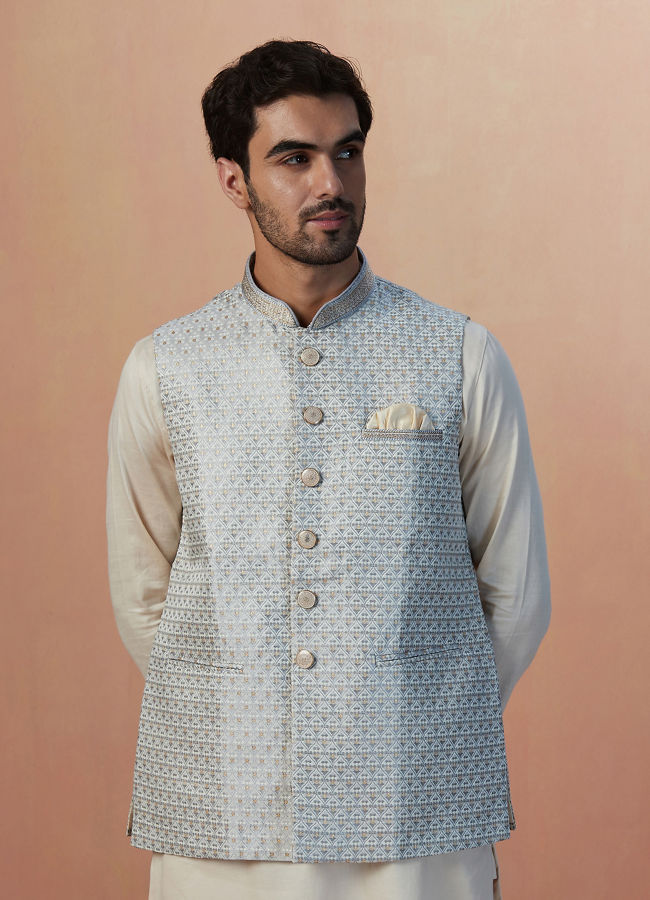 alt message - Manyavar Men Ash Grey Jacquard Jacket image number 0